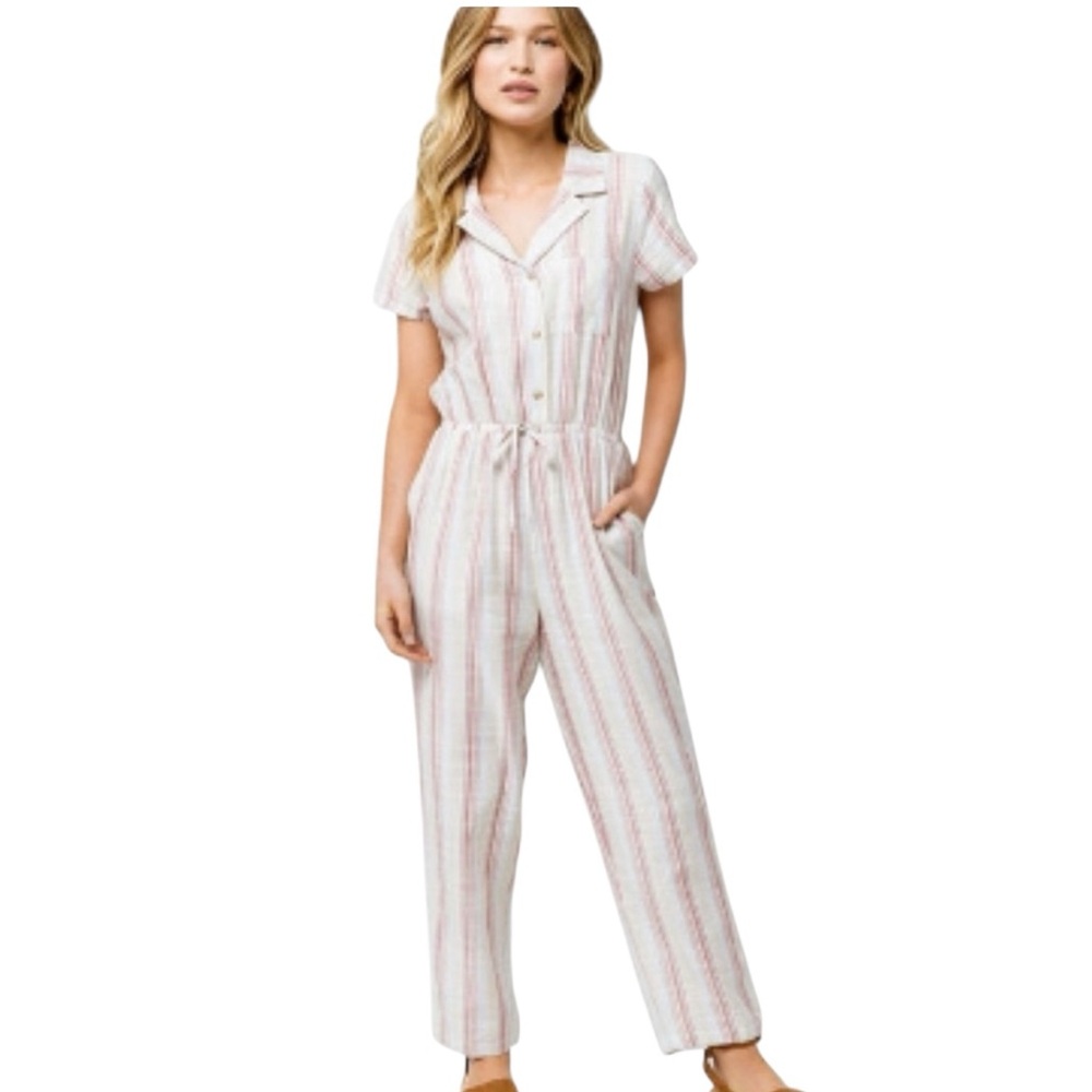 Sky and Sparrow•Striped Rayon Button Down Tie Waist Jumpsuit